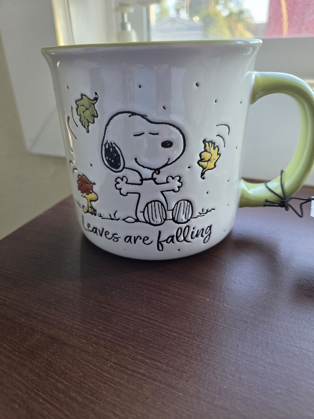 Peanuts Snoopy 'Leaves Are Falling' Ceramic Mug - White with Green Handle
